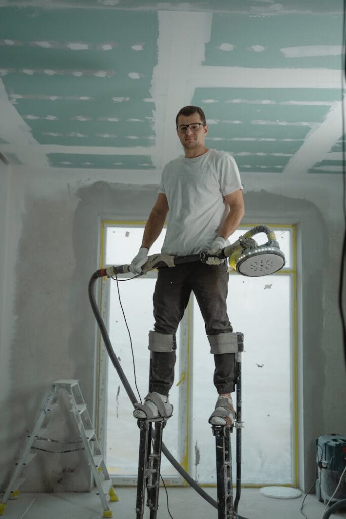 A construction worker using stilts for ceiling renovation indoors, enhancing space with expertise.